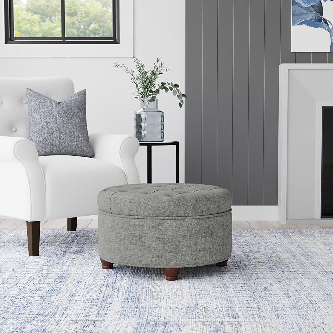 Homepop Home Decor |Button Tufted Woven Round Storage Ottoman | Ottoman with Storage for Living Room & Bedroom (Gray Woven)