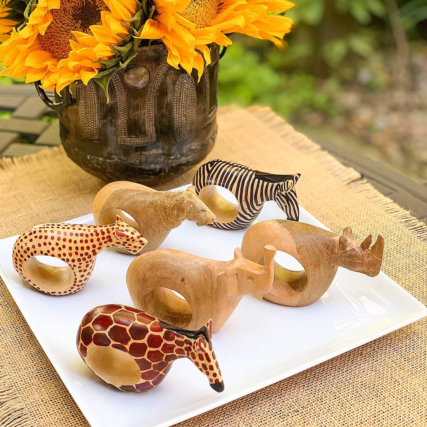 Global Crafts - Mahogany Wood Animal Napkin Rings Set of Six - Handmade Wooden Napkin Rings