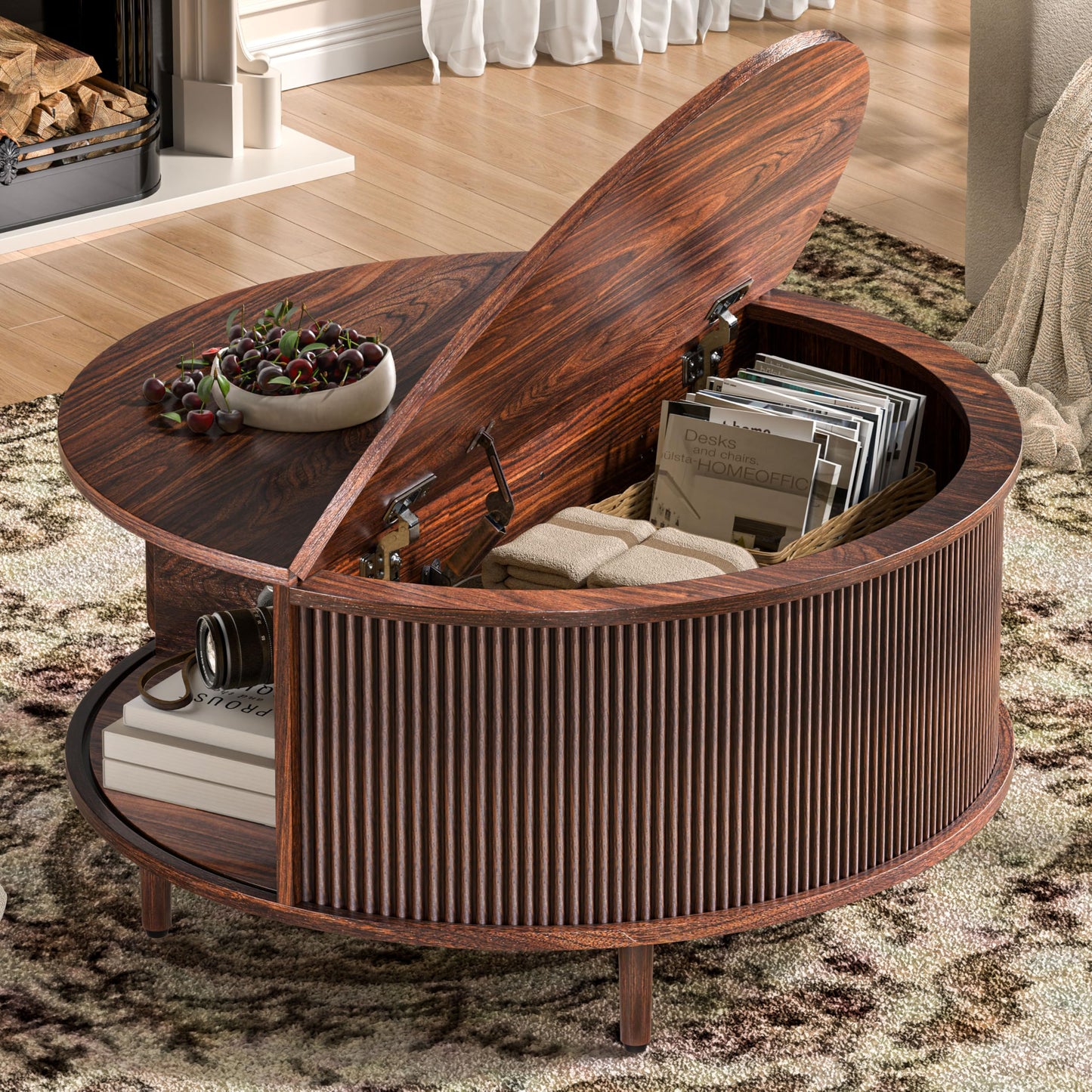 Round Coffee Table, 31.5" Fluted Center Table with Storage, Lift-Top Coffee Table with Adjustable Footpads, Sliding Door, Mid-Century Modern Center Table for Living Room, Small Space (Warm Walnut)
