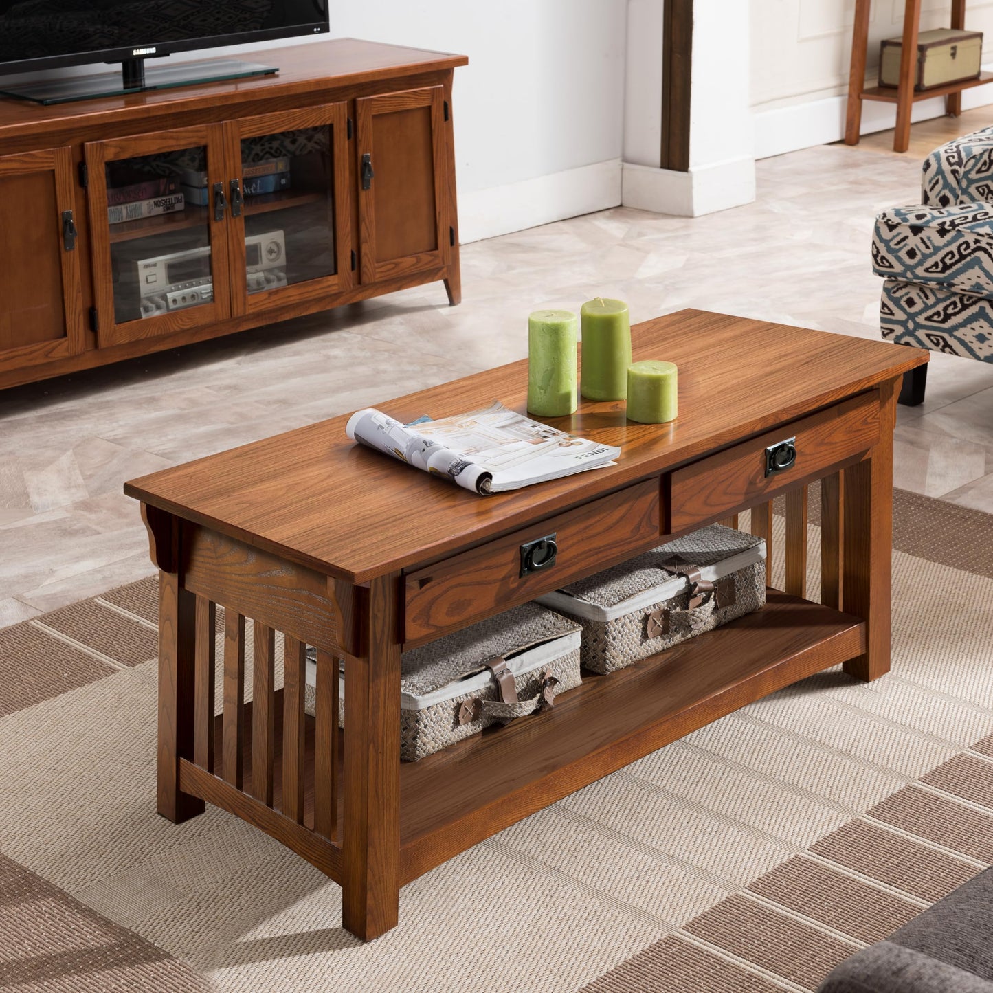 Leick Home Mission Impeccable Coffee Table, Solid Wood with 2 Drawers & Shelf, Medium Oak Finish, Blackened Hardware, Slatted Sides, Easy Assembly, 48 in W x 24 in D x 19 in H, 8204