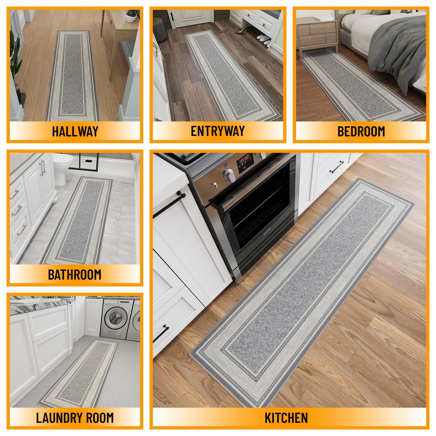 Ottomanson Runner Rug 1'10" x 7' – Non Slip Rubber Backed Kitchen Rug for Sink Area, Hallway Carpet Runner, Low Pile Indoor Runner Rug for Laundry Room and Entryway, Border Light Gray