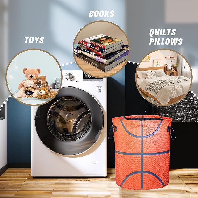 Basketball Texture Laundry Basket Ball Foldable Waterproof Oxford Cloth Funny Tote Bag Laundry Hamper Clothes Storage Bucket Organizer For Bathroom/Laundry Storage/Bedroom 18.9x16.5 Inch