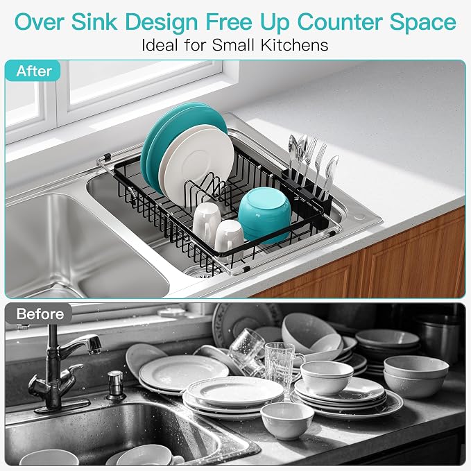 JASIWAY Black Expandable Stainless Steel Over The Sink Dish Drying Rack for Small Kitchen Counter Space Saving, Compact Plate Drainer Strainer, Adjustable Hanging Metal Dish Dryer with Utensil Holder