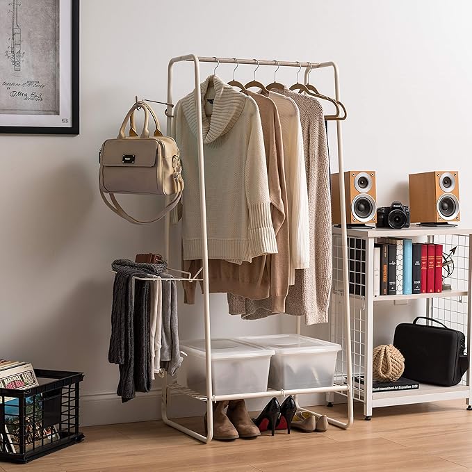 IRIS USA Metal Garment Rack, White, Extra Storage for Clothes and Shoes