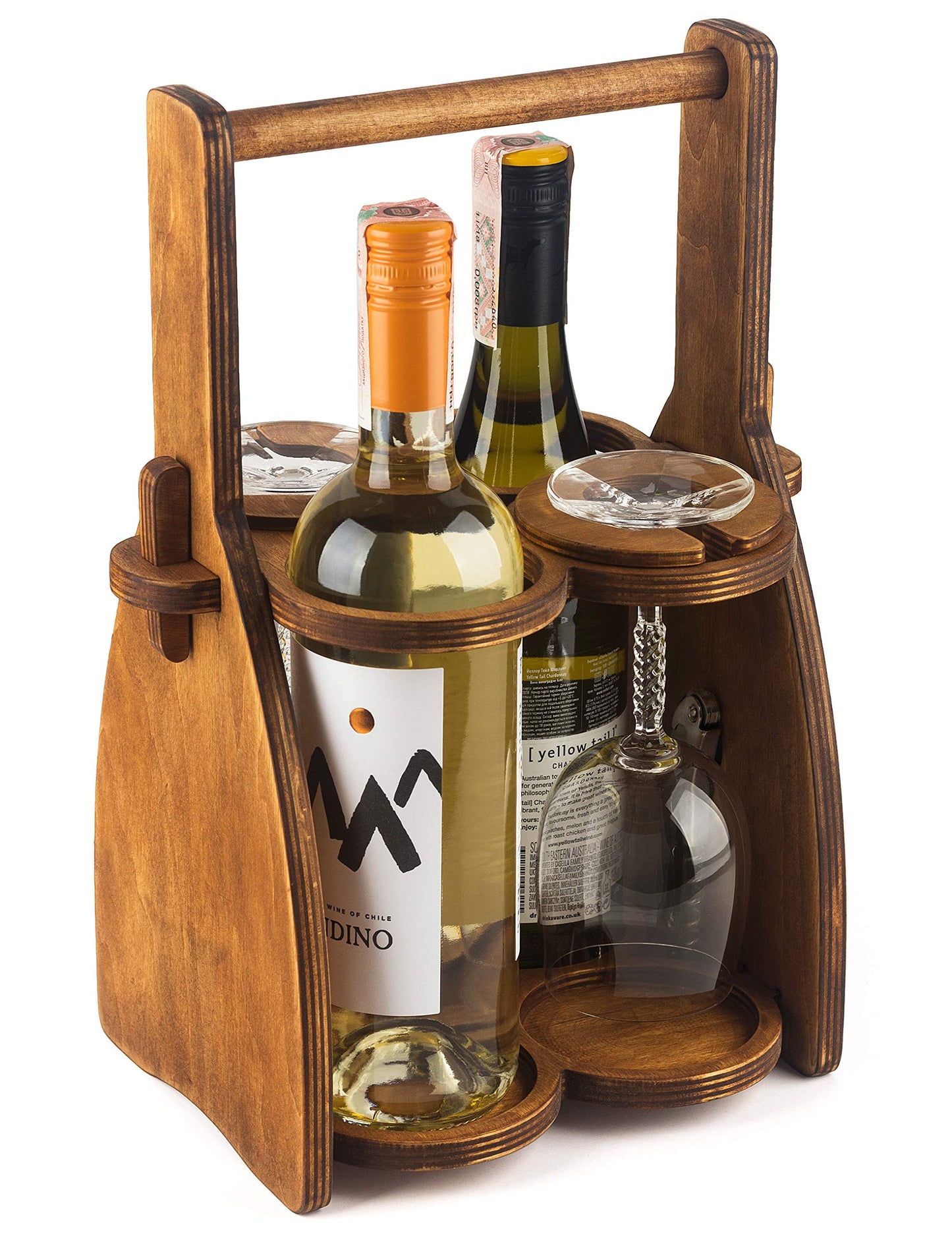 ROSTMARYGIFT Wood Wine Bottle and Glasses Caddy - Beer Carrier - Drinking Desk Accessories - Men's Organizer - Glass Tray Holder - Storage Stand - Drink Holder for Beer