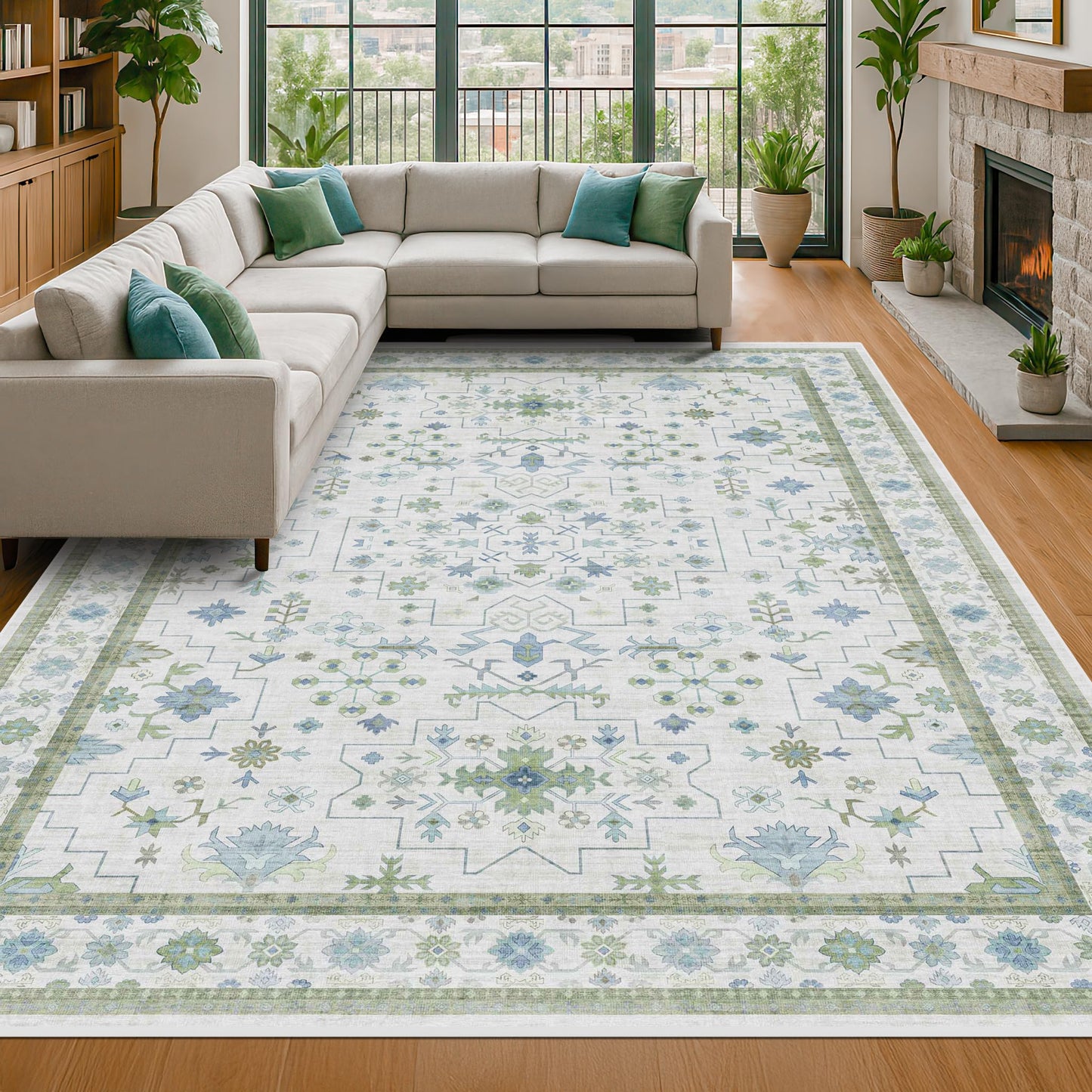 Oriental 10x14 Rug Living Room - Washable Oushak Boho Extra Large for Bedroom Non Slip Soft Faux Wool Carpet for Dining Room Playroom - Cream Blue and Green Floral Rug
