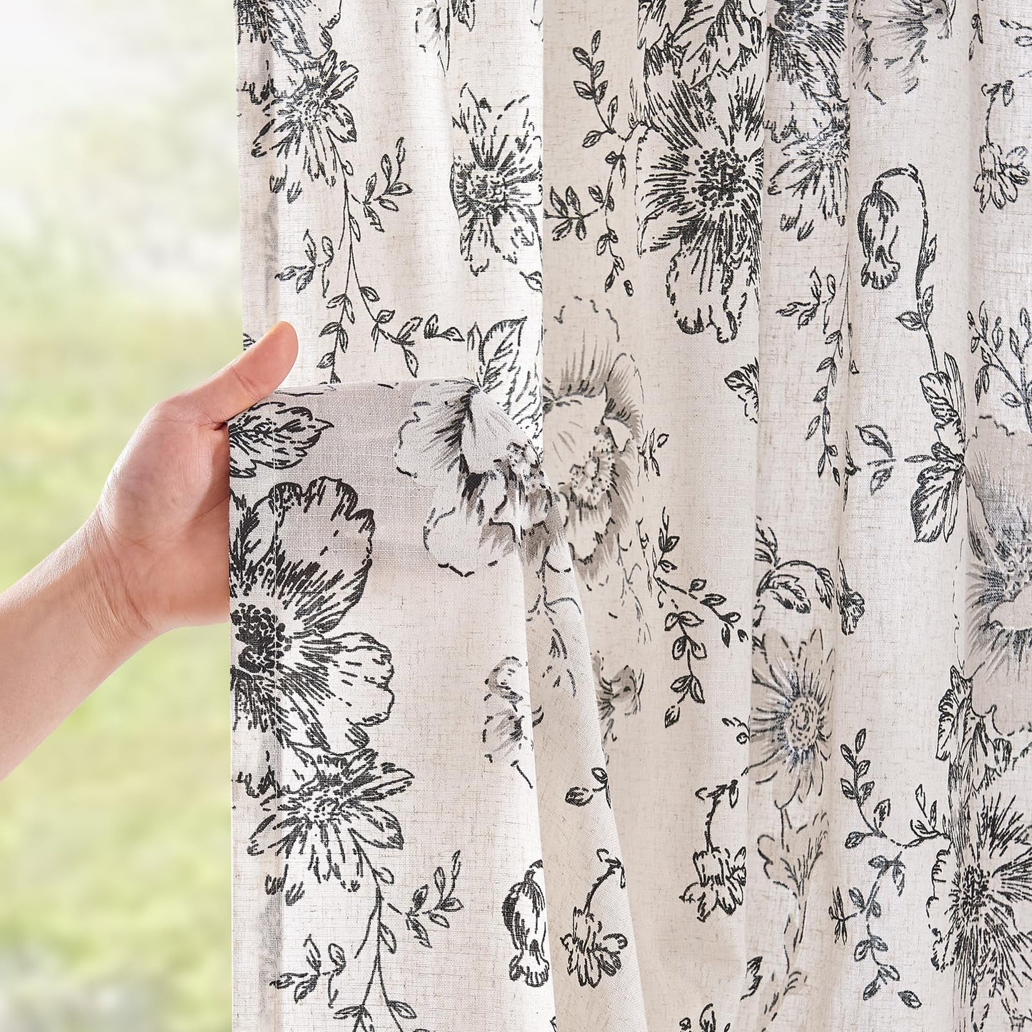 jinchan Floral Curtains for Living Room 84 Inch Length Farmhouse Printed Curtain Rod Pocket Back Tab Black Peony Flower Patterned Drapes Bedroom Window Curtains Set 2 Panels 25% Linen 75% Polyester