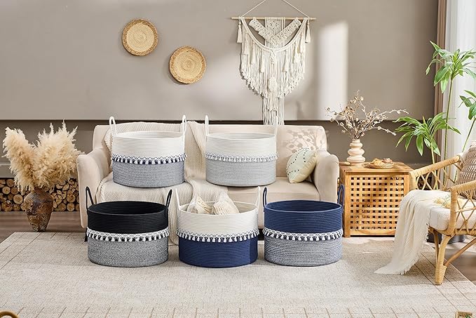 KAKAMAY Cotton Rope Storage Basket (20"x13"),Woven Hamper for Blankets,Toys,Pillows,Clothes,Laundry,Sturdy Handles Decorative Basket for Living Room, Bedroom,Nursery(Blue/White)