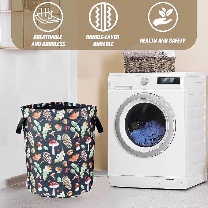 Vintage Mushrooms Laundry Basket Forest Plants Foldable Oxford Cloth Funny Tote Bag Laundry Hamper Clothes Storage Bucket Organizer For Bathroom/Laundry Storage/Bedroom 18.9x16.5 Inch