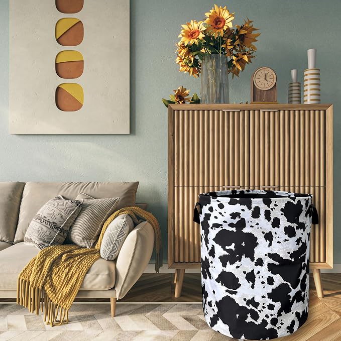 Retro Black White Cows Print Laundry Basket Foldable With Handles CowTote Bag Oxford Cloth Animal Laundry Hamper Clothe Storage Bucket Toy Organizer 18.9"x16.5"For Bathroom/Laundry/Bedroom