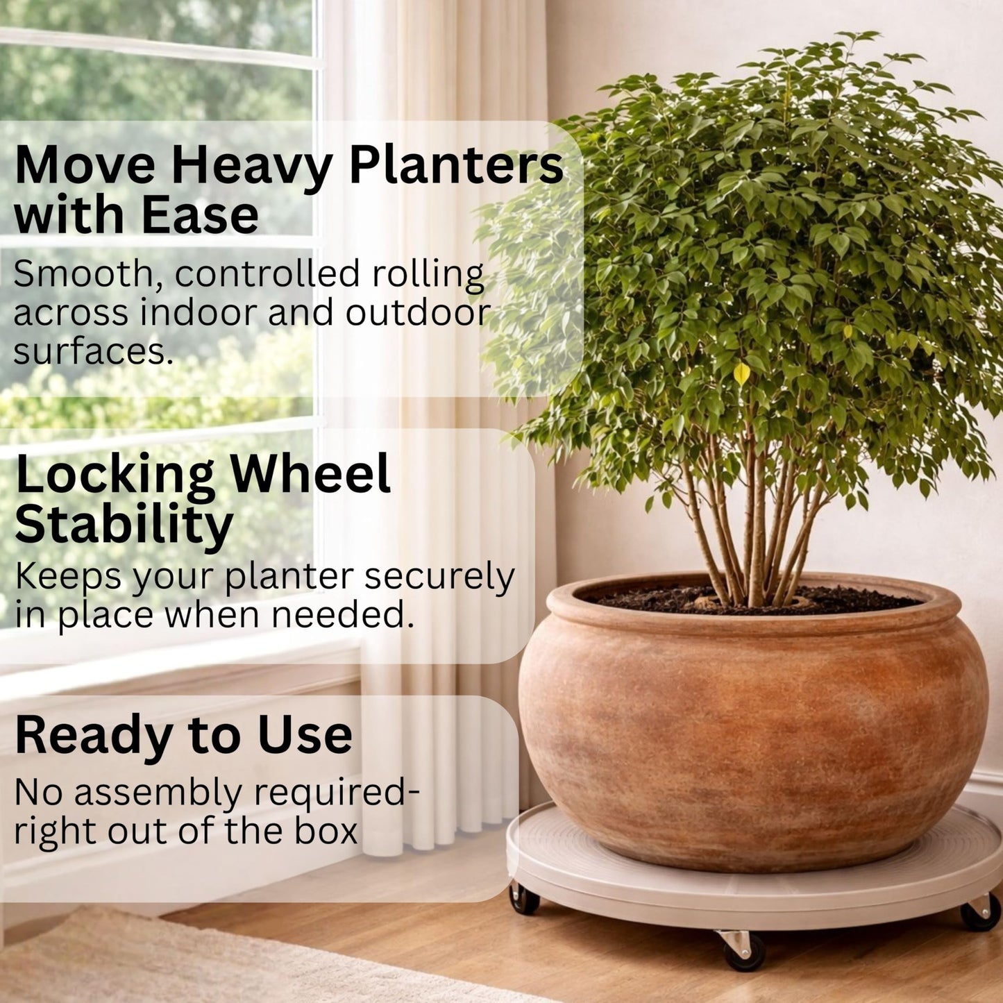 16" Rolling Plant Caddy with Wheels, Heavy Duty Plant Pot Stand with Casters & Locking Wheel, Indoor Outdoor Planter Base for Pots, Round Plant Tray, Black, Supports 500 lbs