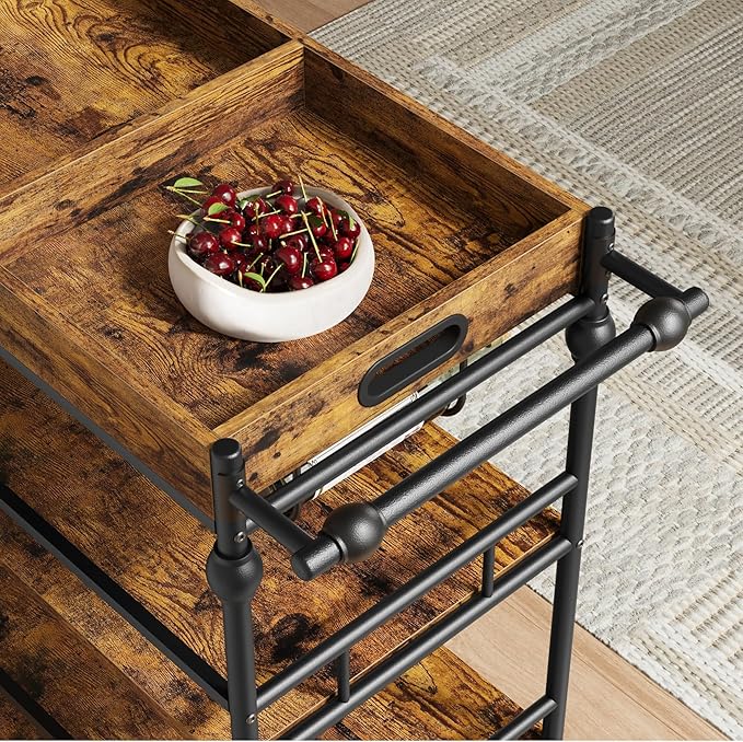 GarveeHome Bar Cart with Wheels, 3-Tier Serving Cart for Home, Mobile Rolling Beverage Cart with Wine Rack and Removable Tray for Kitchen, Dining, Living Room, 35.4" x 15.7" x 34.1", Rustic Brown