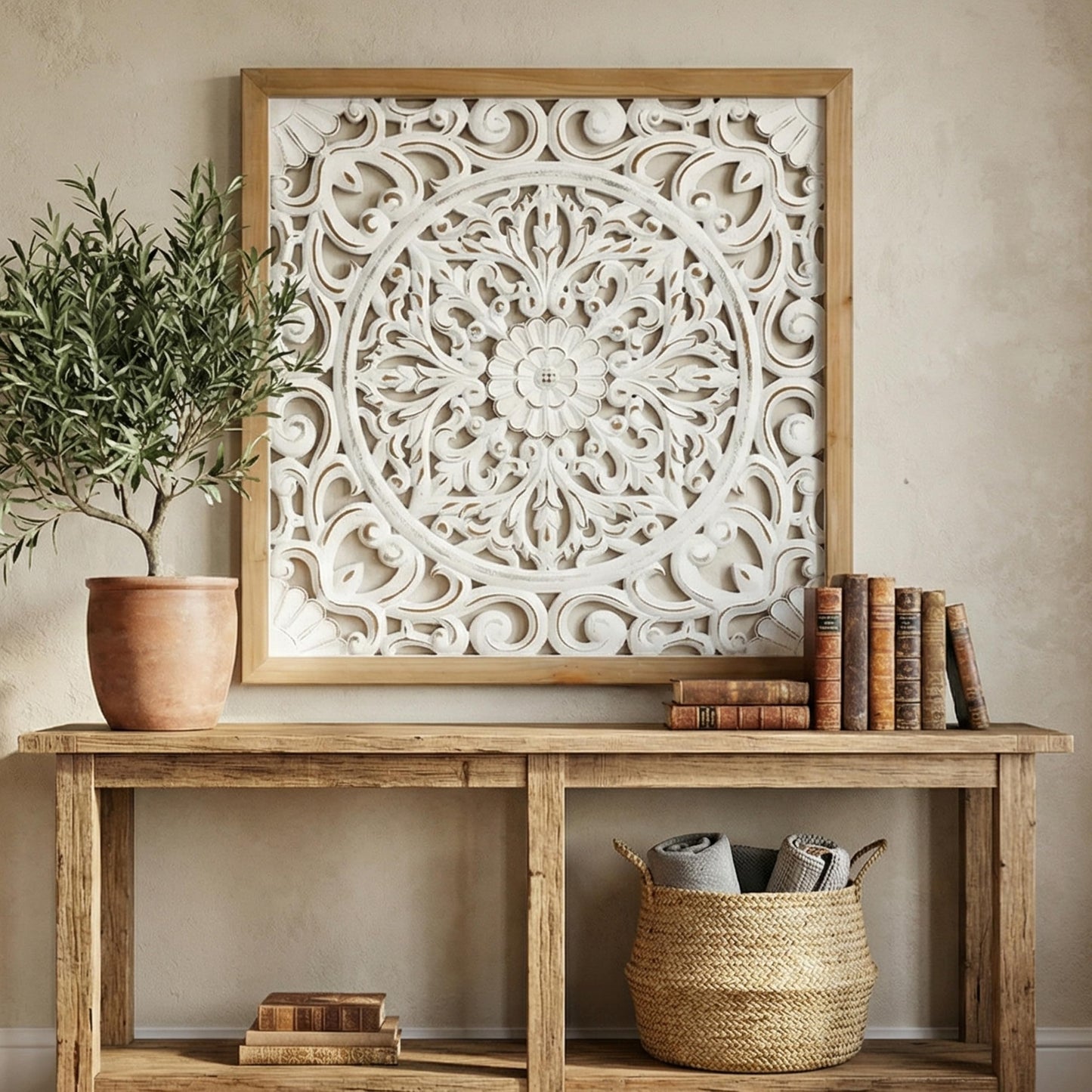 XIAOAIKA Boho Carved Wood Wall Sculpture, Intricate Floral Mandala Design with Distressed White Finish, Vintage Farmhouse Wall Art Panel with Solid Wood Frame for Bedroom Entryway (22.5" x 22.5")