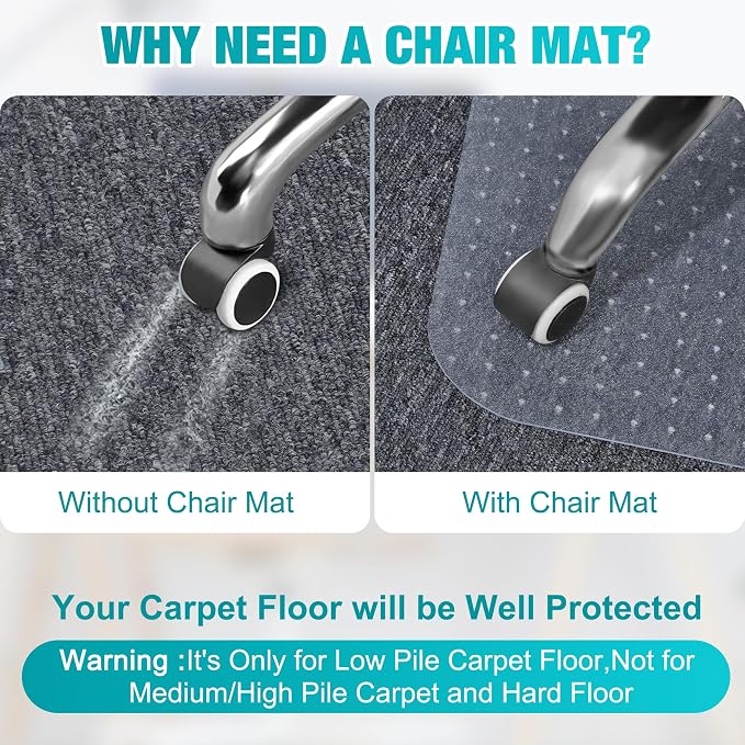BesWin Office Chair Mat for Carpeted Floors, 44'' x 58'' Large Desk Chair Mat for Low Carpets, Premium Quality Hard Carpet Protector for Work, Home, Gaming, Easy Glide and Flat Without Curling