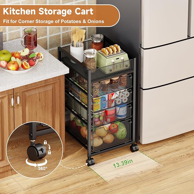 5-Tier Kitchen Utility Storage Cart with Adjustable Wood Top (Tabletop or Basket), Fruit Vegetable Storage Rack with Wheels & Drawers, Metal Rolling Pantry Cart, Kitchen Organizer for Snack Can Potato