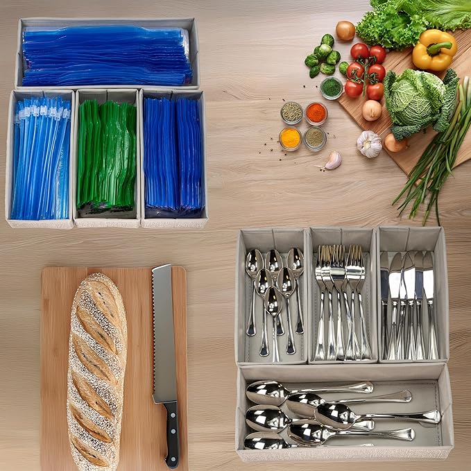 Drawer Organizer, 4-Piece Rigid Fabric Bins for Kitchen | Ideal for kitchen, bathroom, cosmetics, utensils, silverware, and gallon, quart, sandwich & snack bags