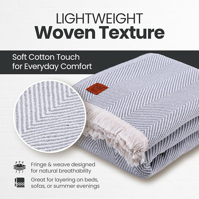 Gold Case Throw Blanket for Bed - 100% Recycled Turkish Cotton Blanket - Elegant Lightweight Soft Throw Blankets for Bed & Living Room - Queen Size Cozy Blankets - 90x90 - Grey