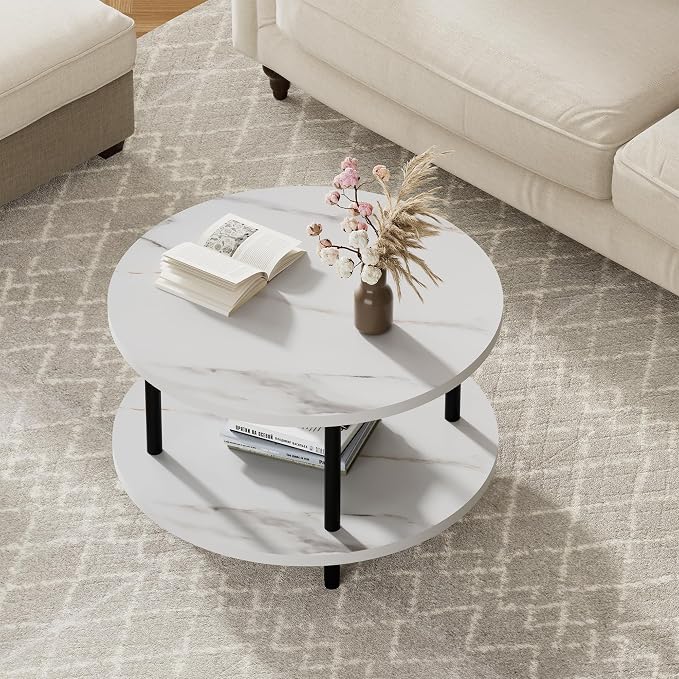 FAMIDGE Round Coffee Table, 23.6" Circle Coffee Table for Living Room, 2-Tier Wood Accent Center Table with Open Storage Industrial Design Home Furniture, White