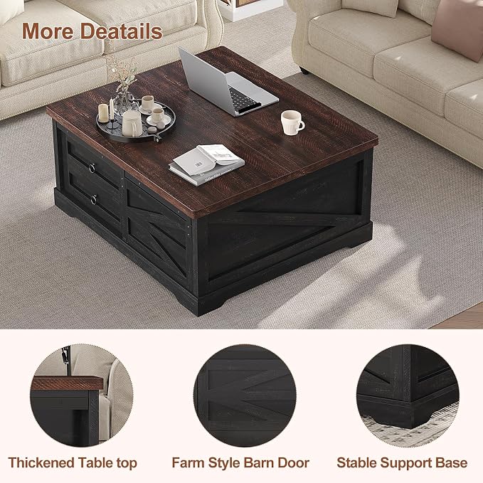 Itaar 39.4'' Lift Top Coffee Table with Storage, Farmhouse Coffee Tables for Living Room, Square Coffee Table with Large Hidden Compartment & 2 Drawers & Adjustable Shelves, Black+Walnut
