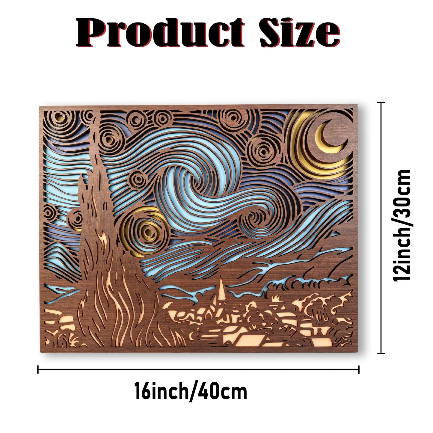 Starry Night Wood Wall Art, 5-Layer Laser Cut, 3D Multilayer Decor, 16x12 inch, Van Gogh Inspired