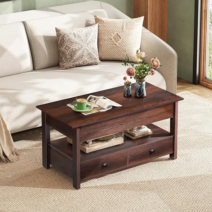 WLIVE Coffee Table, Lift Top Coffee Table with 2 Drawers, Large Hidden Compartment and Open Storage Shelf, Lift Tabletop, Dining Table for Living Room, Espresso