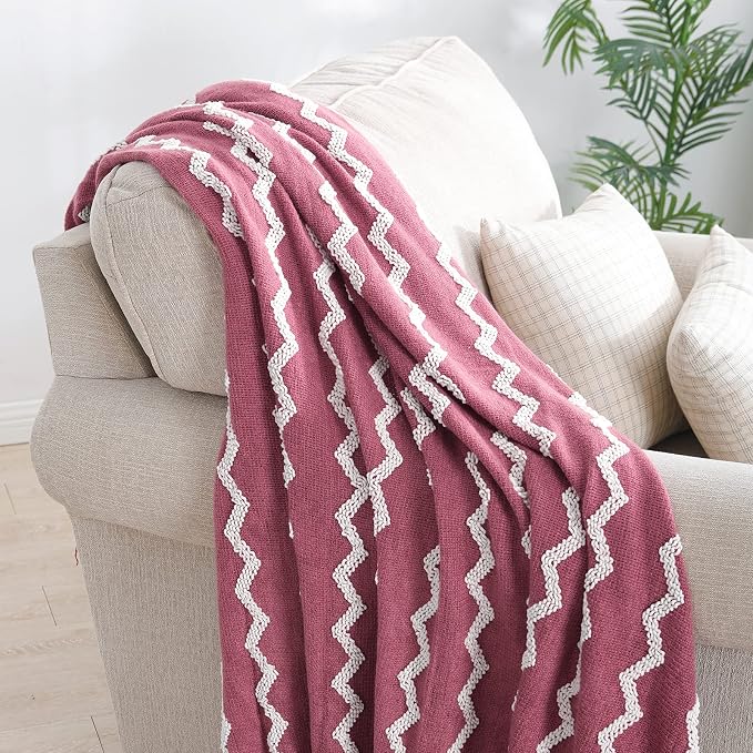 BOURINA Fluffy Chenille Knitted Fringe Throw Blanket Lightweight Soft Cozy for Bed Sofa Chair Throw Blankets Rose Wine 50" x 60"