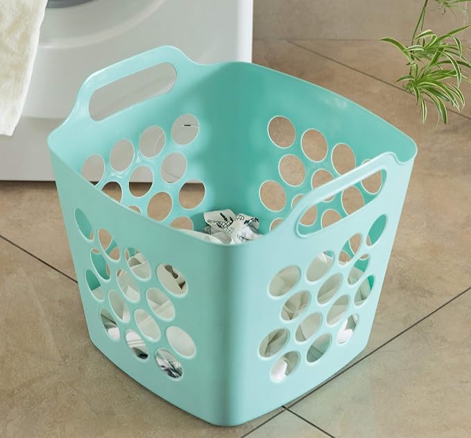 Flexible Plastic Carry Laundry Basket Holder Square Storage Hamper with Side Handles, Green Set of 3