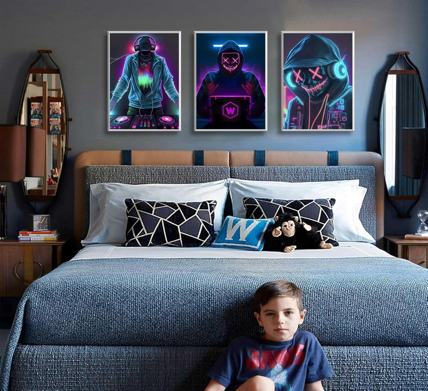 JWDXNOOK 3Pcs Cool Gaming Wall Art Neon Hooded Mask Character Pictures Posters Wall Decor Cyberpunk Canvas Paintings Prints for Teen Room Boy Bedroom Decoration Unframed