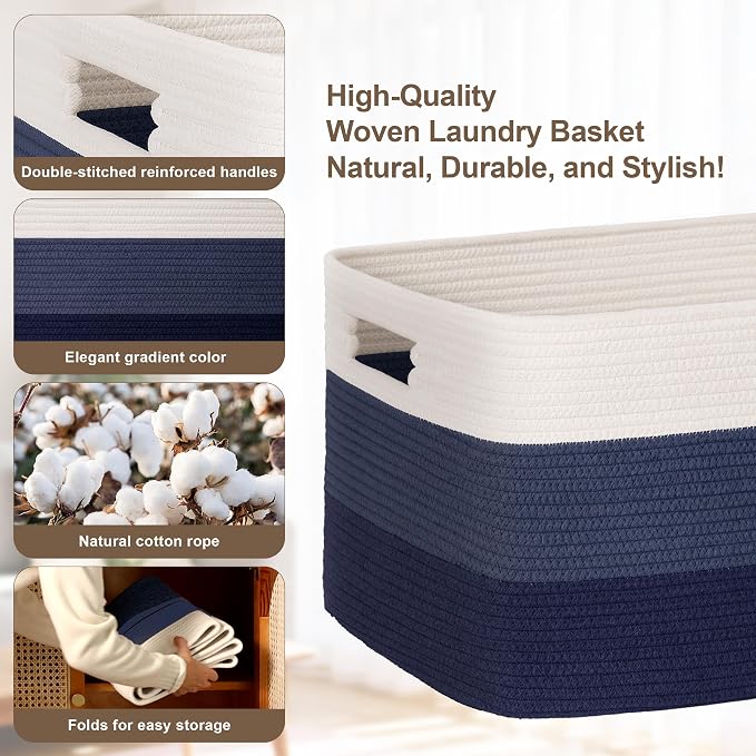 45L Small Laundry Basket with Leather Handles for Living Room Storage, Woven Rope Baskets Bin for Blanket, Kids Toy, Gifts, Wicker Hamper for Bedroom Dirty Clothes, 18"x14"x11" Gradient Blue