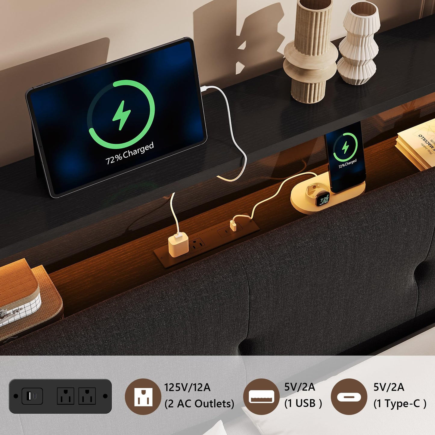 Einhomn Floating Bed Frame Full with 2-Tier Storage Linen Fabric Upholstered Headboard, Wooden Platform Bed Frame w/Charging Station & LED Lights, Metal Slats Support, No Box Spring Needed, Black