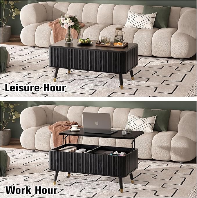 JOINICE Lift Top Coffee Table with Storage, Modern Black Fluted Design, Pop-Up Center Table with Hidden Compartment for Living Room & Home Office Work/Dining