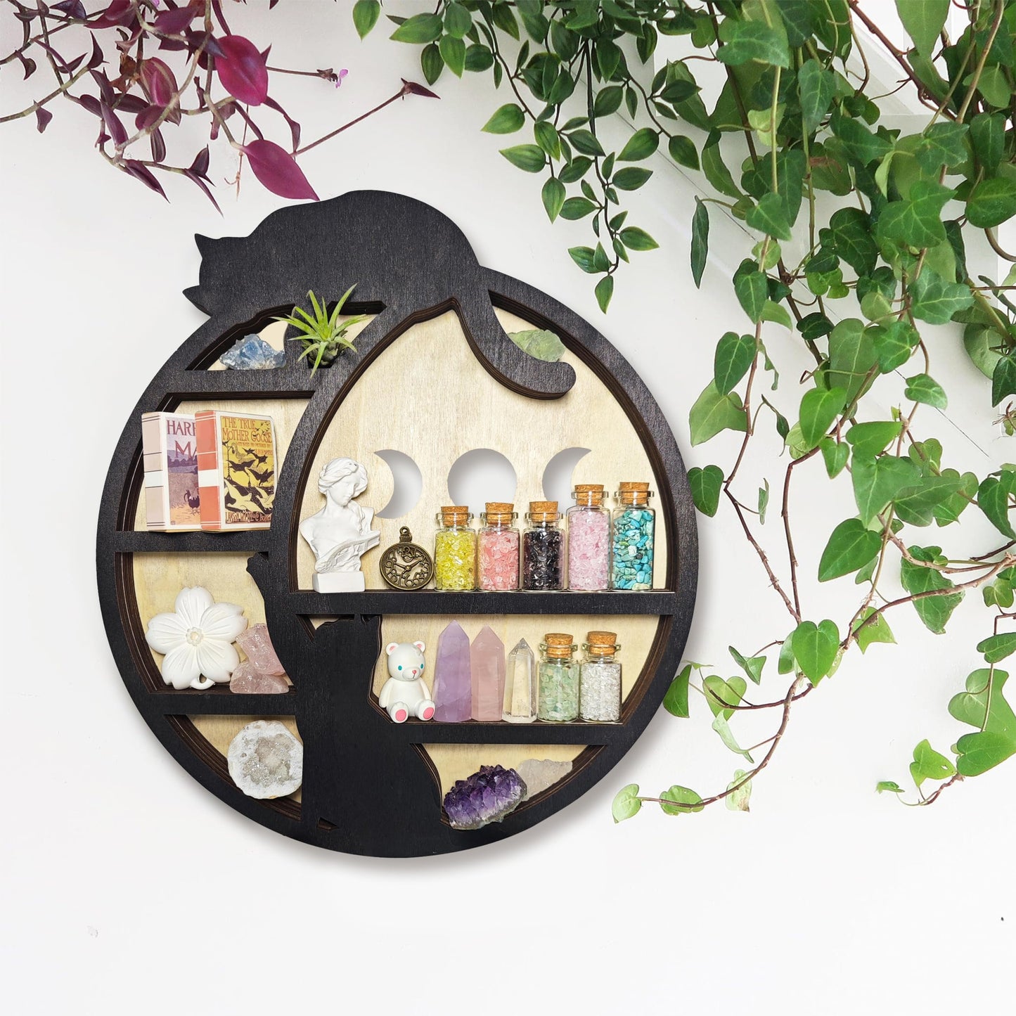 FNYDOX Cats on The Moon Crystal Display Shelf, Wooden Hanging Floating Shelf, Crescent Moon Phase Shelf Stones Essential Oil Organizer Rock Storage Gem Holder Wood Gothic Witchy Boho Home Wall Decor