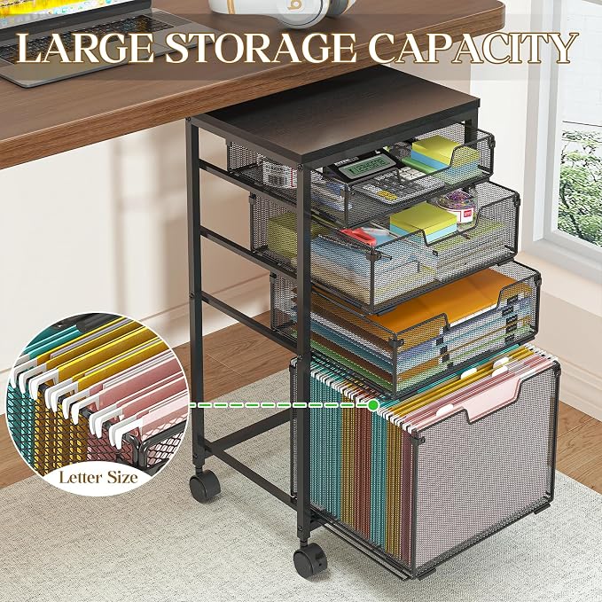 Sbanmao Rolling File Cart with 4 Storage Drawers, Mobile File Cabinet with Wheels, Hanging File Organizer, Under Desk Printer Stand Utility Cart Filing Cabinet for Home Office, Black
