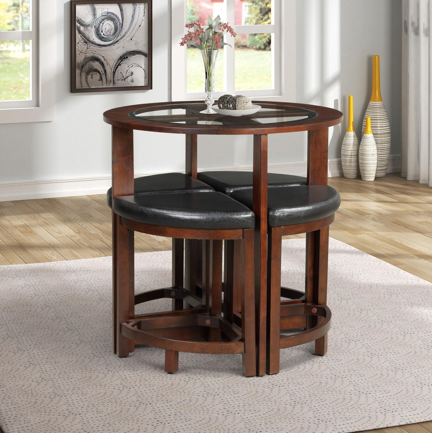Roundhill Furniture Cylina Solid Wood Glass Top Round Counter Height Table with 4 Stools