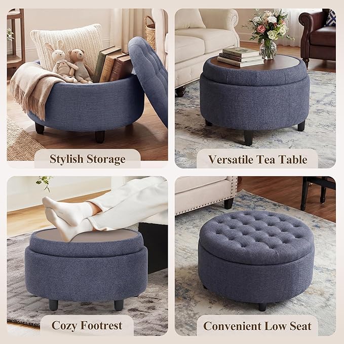 COLAMY Fabric Round Storage Ottoman with Reversible Tray Lid – Multi-Functional Footrest, Hidden Storage, Sturdy & Stylish Small Coffee Table for Living Room, Bedroom, or Entryway(Blue)