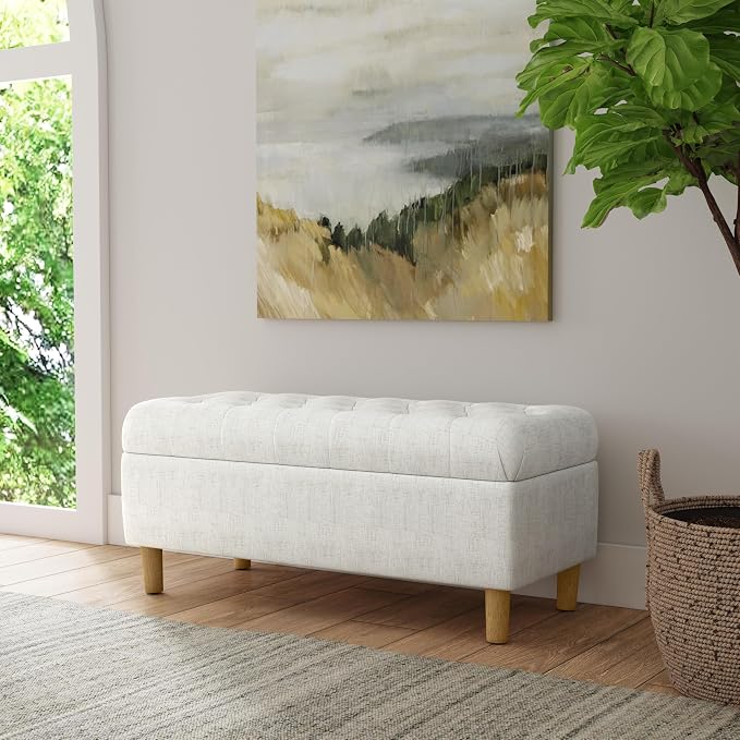 Homepop Home Decor | Tufted Ainsley Button Storage Ottoman Bench with Hinged Lid | Ottoman Bench with Storage for Living Room & Bedroom, Cream Textured Solid