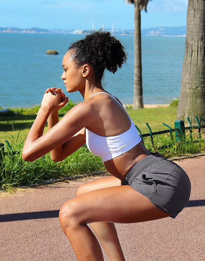 SANTINY Women's Running Shorts with Zip Pockets High Waisted Athletic Workout Gym Shorts for Women with Liner