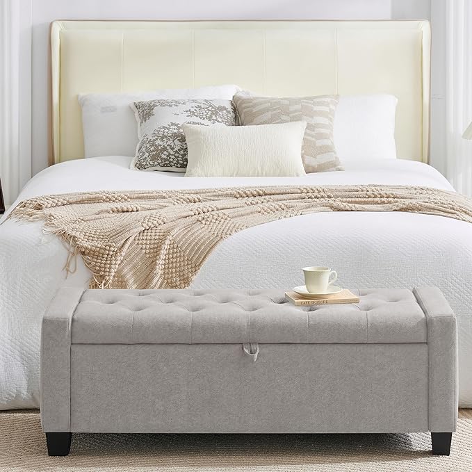Huatean Home 43" Ottoman with Storage, Storage Ottoman Bench with Safety Hinge, Upholstered Entryway Bench with Seating for Bedroom, Living Room, Holds up to 330 lb(Light Gray)