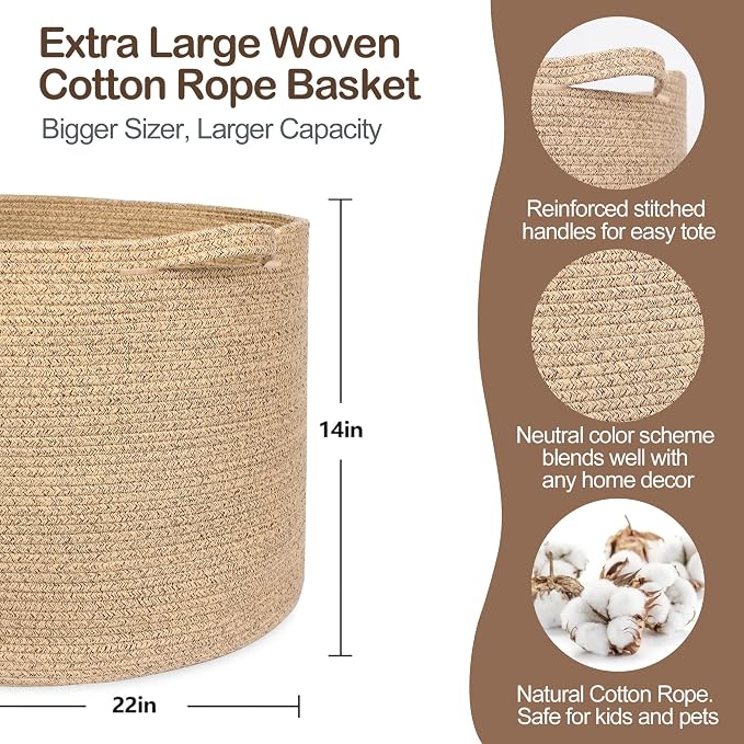 MEGASKET Large Wicker Storage Basket, 22” X 22” X 14” Woven Cotton Rope Basket, Kids Dog Toy Bin Organizer, Blanket Pillow Holder for Living Room, Brown Variegated Wicker Baskets for Organizing