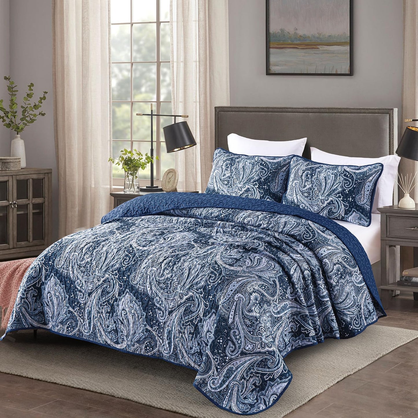 DJY Navy Paisley Quilt Set King Boho Bedspread Coverlet Set 3 Pieces, Soft Lightweight Microfiber Navy Blue Paisley Floral Pattern Bedding for All Season, 110"x90"