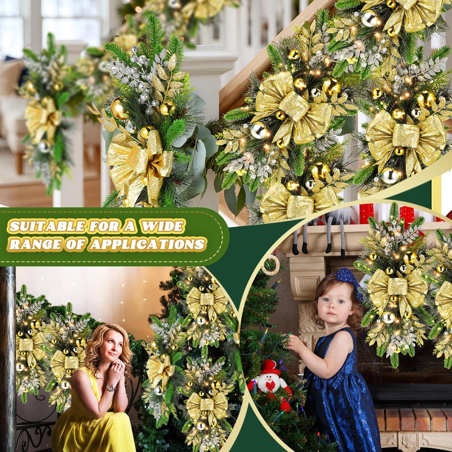 Lyrow 16 Pack Christmas Artificial Swags 24 Xmas The Cordless Prelit Stairway Swag Teardrop Trim Wreath Door Stair Garland Christmas Decoration for Outdoor Home Garden Decor (Rustic Style,Gold)