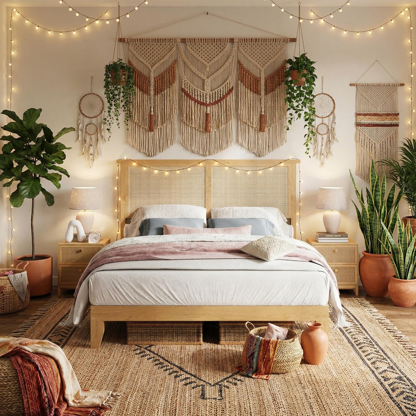 IDEALHOUSE Rattan Bed Frame Full Size with Natural Rattan Headboard & LED Lights, Wood Full Bed Frame with Solid Wood Foundation, No Box Spring Needed, Natural