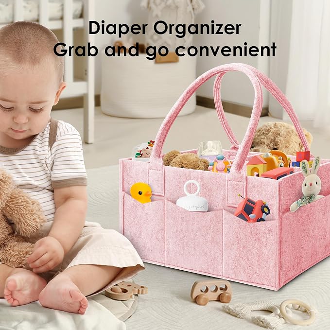 HIPHOP PANDA 2-Pack Diaper Caddy Organizer - Nursery Storage Bin & Car Organizer for Diapers, Wipes, and Baby Essentials - Dual-Color Solid Set (Pink/Oatmeal), Large Size
