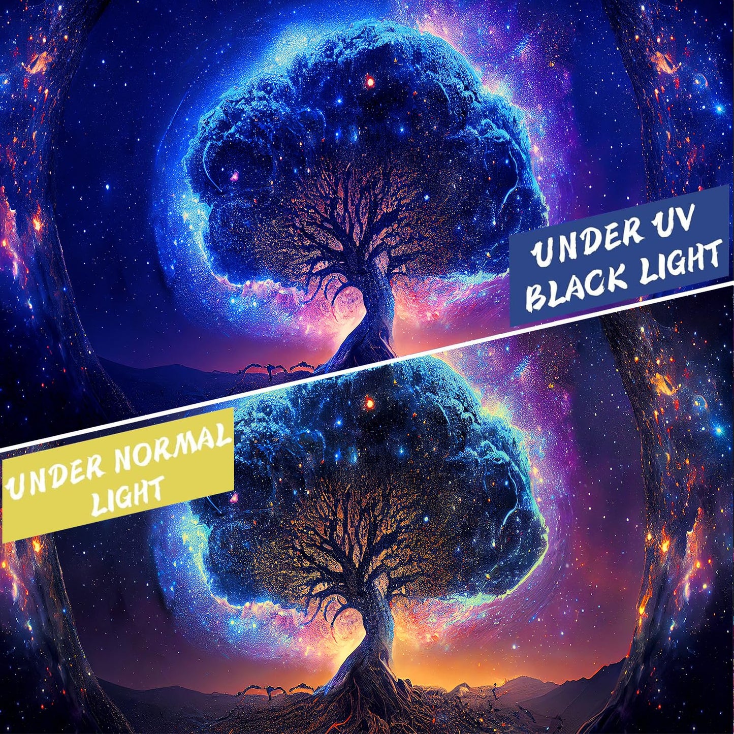 Avinyl Blacklight Tree and Space Tapestry for Bedroom, Aesthetic Cool Black Light Tree of Life Tapestries for Girl, Fantasy Stars Galaxy Wall Hanging for Living Room Teen Dorm Decor (51" x 60")