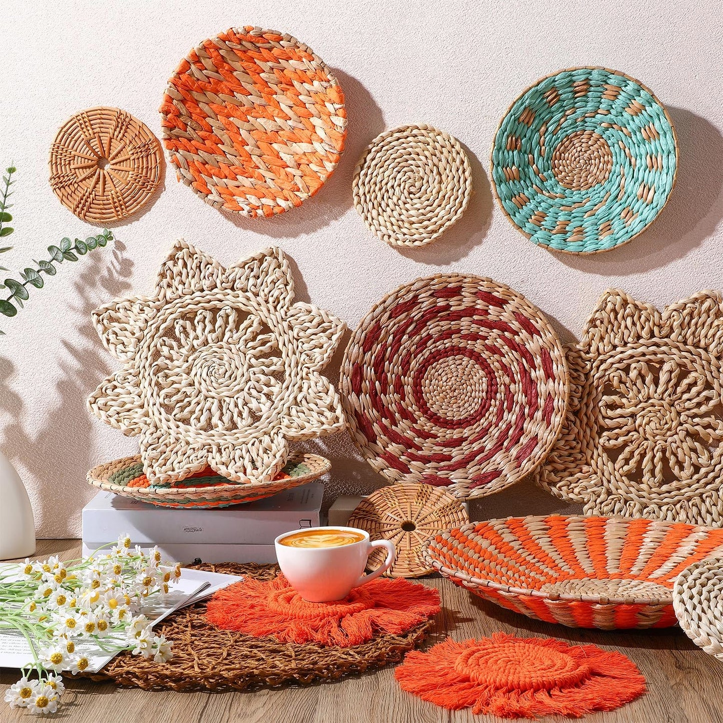 Anglechic 15 Pcs Boho Wall Basket Decor Woven Rattan Seagrass Wall Decor Hanging Rustic Farmhouse Western Art Decoration for Nursery Living Room Bedroom Home Kitchen(Orange Style)