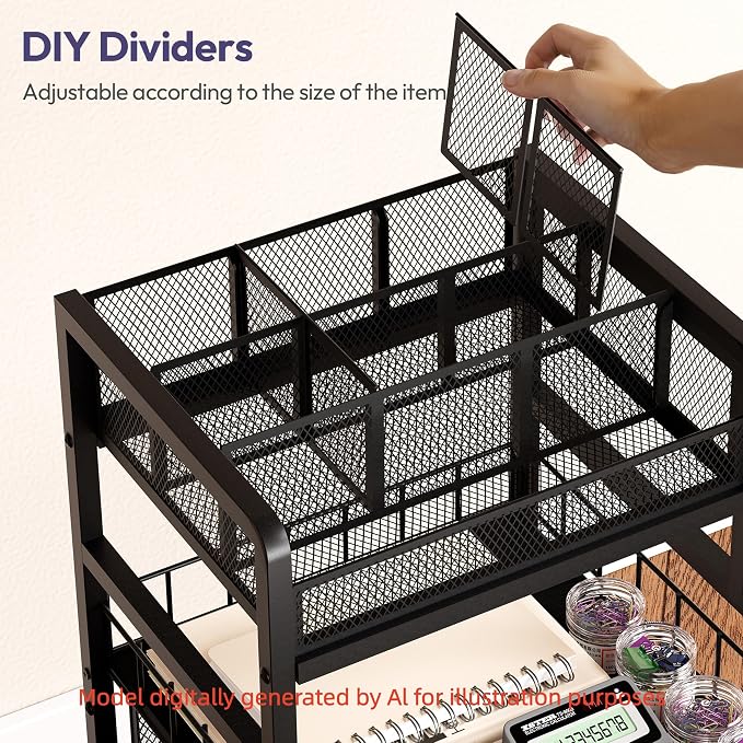 SWTYMIKI Rolling Cart with Drawers - Metal Craft Cart with Wheels, DIY Divider and Wood Shelf, Art Supply Organizer for Under Desk Storage, Utility Storage Cart for Home Office Studio, Black