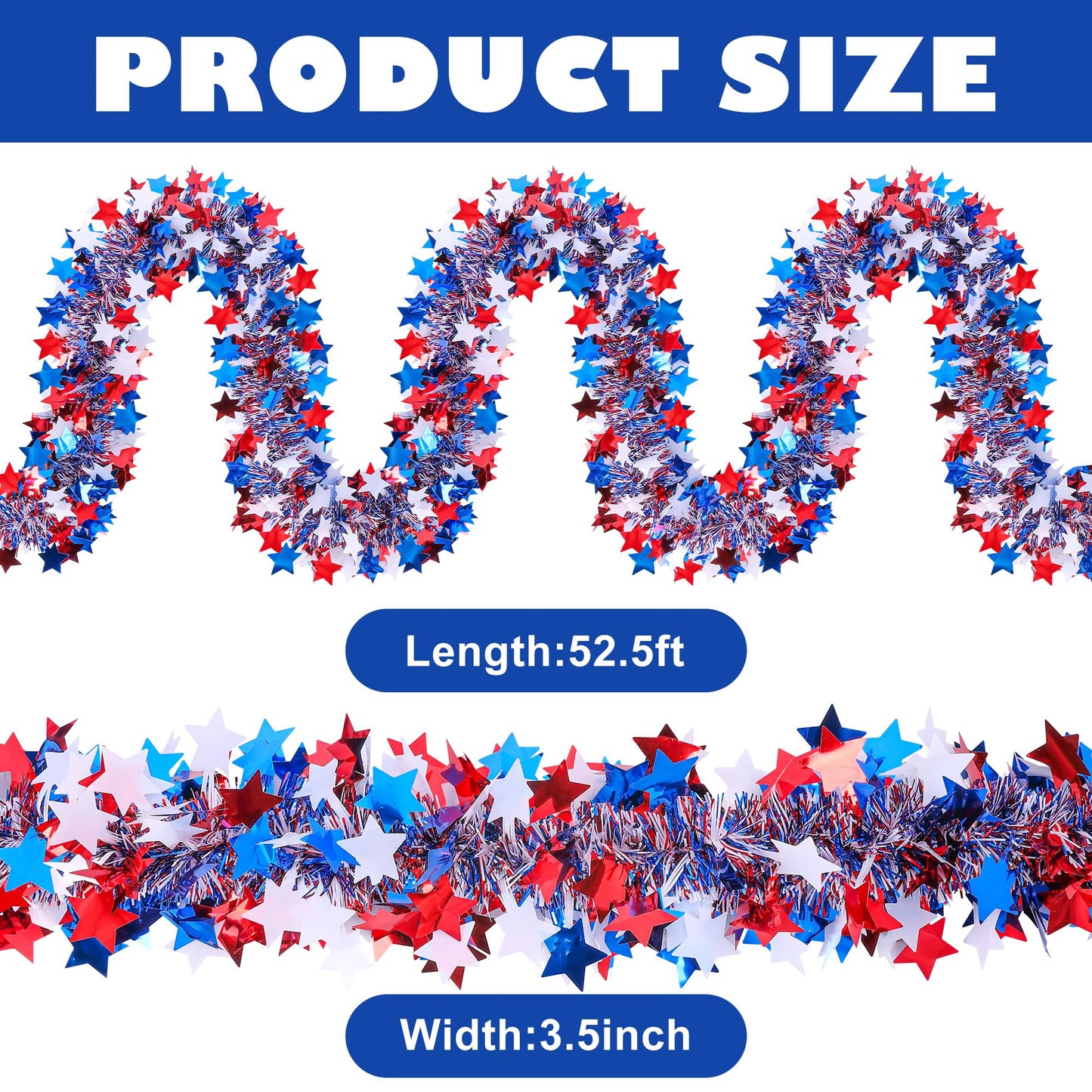 52.5Ft Patriotic Glitter Tinsel Garland Decoration, Red White Blue Star Metallic Tinsel Twist Garland, 4th of July Decor Parade Golf Cart Shiny Tinsels for Car Bike Independence Day Memorial Day Decor
