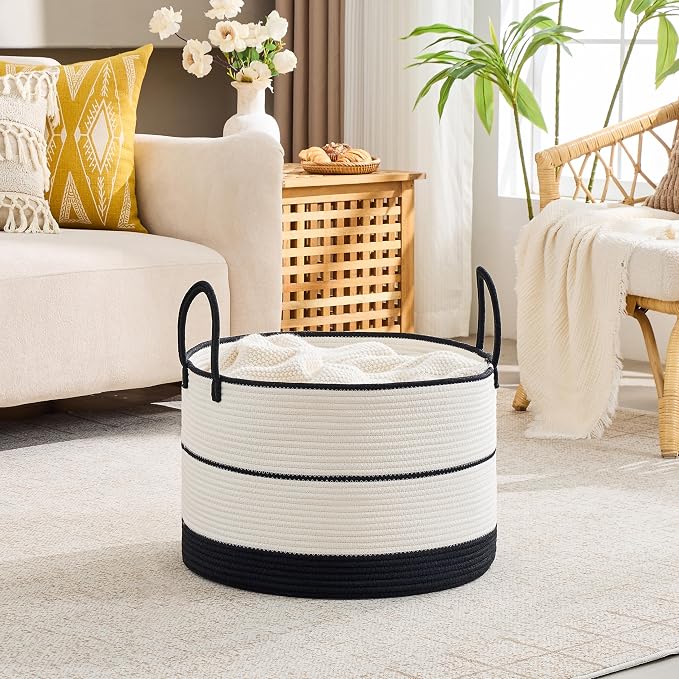 KAKAMAY Cotton Rope Storage Basket (20"x13"),Woven Hamper for Blankets,Toys,Pillows,Clothes,Laundry,Sturdy Handles Decorative Basket for Living Room, Bedroom,Nursery(Black/Beige)