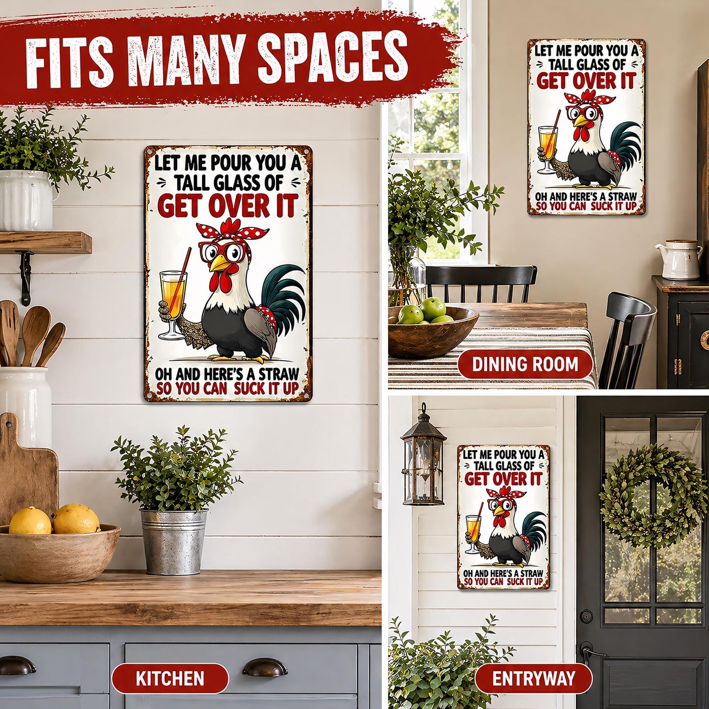 FunnySign Chicken Gifts Rooster Décor Let Me Pour You A Tall Glass Of Get Over It Rustic Tin Sign For Home Farm Chicken Coop Decor 8x12 Inch (9714)