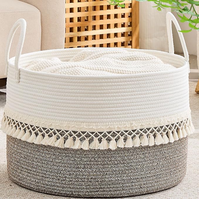 KAKAMAY Cotton Rope Storage Basket (20"x13"),Woven Hamper for Blankets,Toys,Pillows,Clothes,Laundry,Sturdy Handles Decorative Basket for Living Room, Bedroom,Nursery(Beige Fringe)
